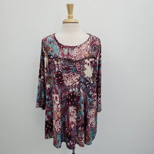 Cocomo Womens Paisley Print Boho Tunic Top Blouse Plus Size 1X Lace Neckline
